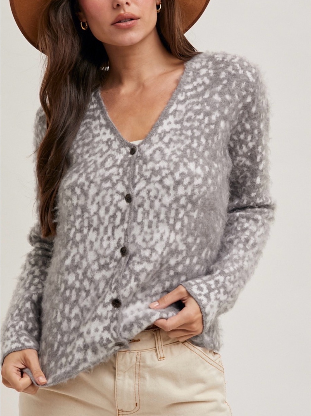 Fuzzy Grey Leopard-Print Button Front Cardigan